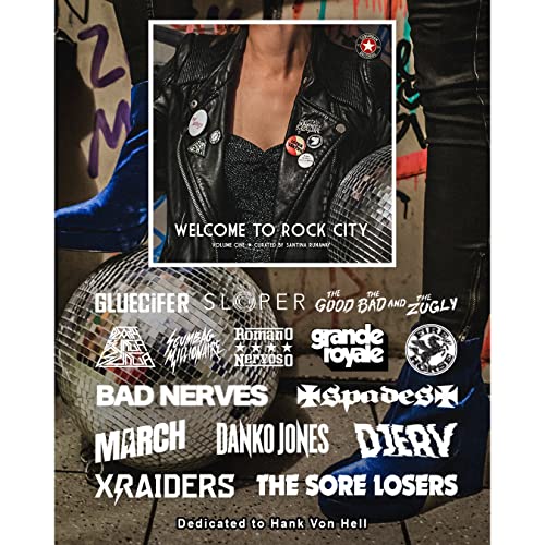 Vinyl record cover featuring a person in a leather jacket and band names.