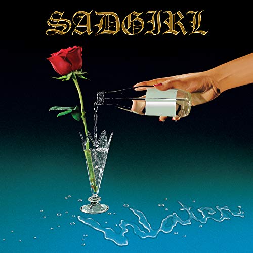 A hand pours water from a bottle into a glass containing a red rose.