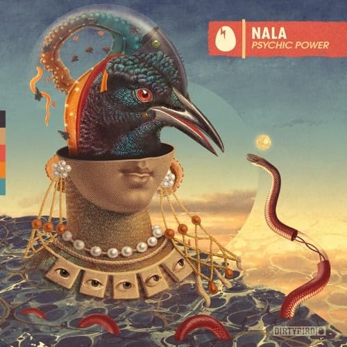 Surreal album cover featuring a bird-headed figure and a winding snake.