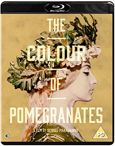 Blu-ray cover for "The Colour of Pomegranates" featuring a woman with a wreath.