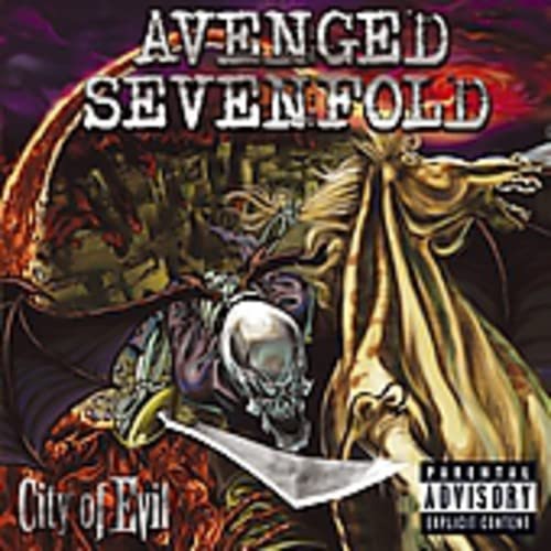 Avenged Sevenfold “City of Evil” CD cover with a warrior and flames.