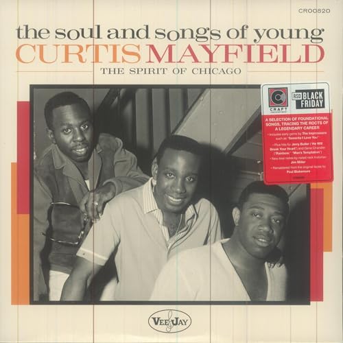 Vinyl album cover featuring a black and white photo of Curtis Mayfield and friends.