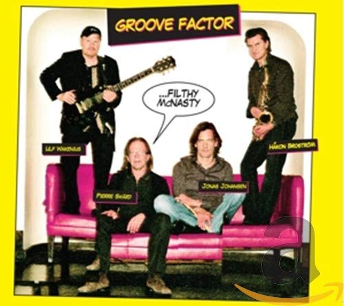 CD cover: four musicians pose on a pink couch, names labeled below.