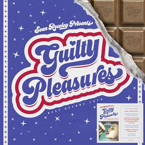 Vinyl record cover for “Guilty Pleasures” with blue, white, and red design.