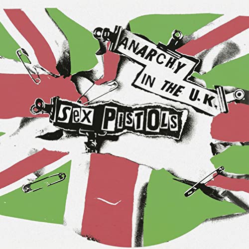 Sex Pistols album cover: torn Union Jack with safety pins and text.