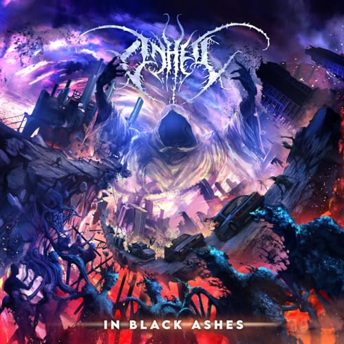Dark fantasy album cover with a hooded figure amidst ruins.
