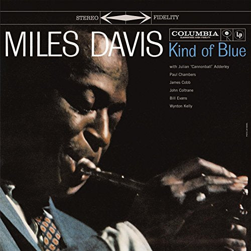 Miles Davis album cover, “Kind of Blue,” featuring a portrait of Davis with a trumpet.