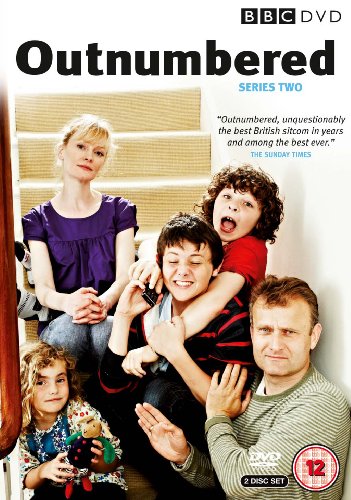 Family of five on stairs, DVD cover for British sitcom "Outnumbered.