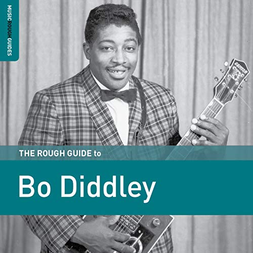 Black and white portrait of Bo Diddley with a guitar, album cover.
