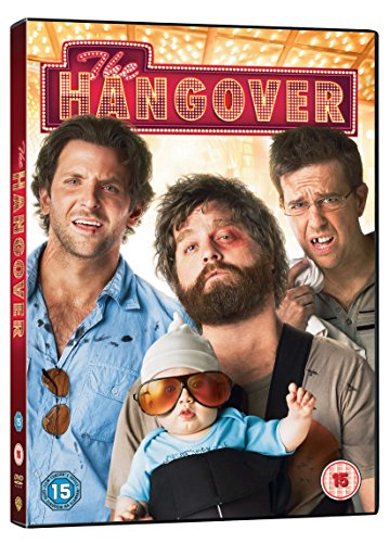 DVD cover for The Hangover featuring three men and a baby in a carrier.