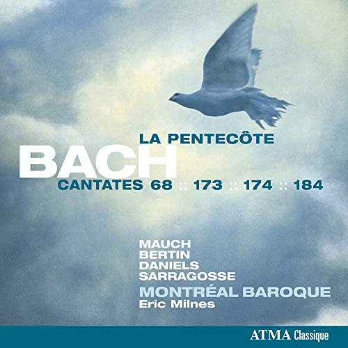 CD cover: blue sky, white dove, text "BACH" and "La Pentecôte", musical artists listed.