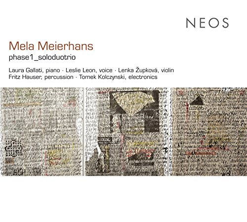 CD cover for “Mela Meierhans: phase1_soloduotrio” with abstract textured art.