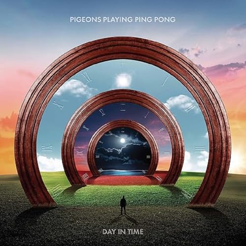 Album cover for Pigeons Playing Ping Pong’s “Day In Time” with clock arches.