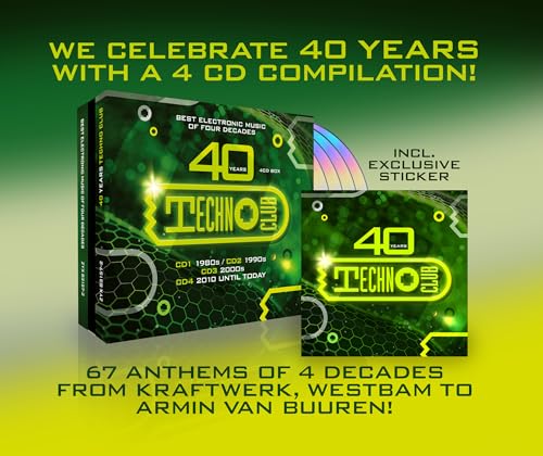40 Years Techno Club" CD compilation with green and black geometric design.