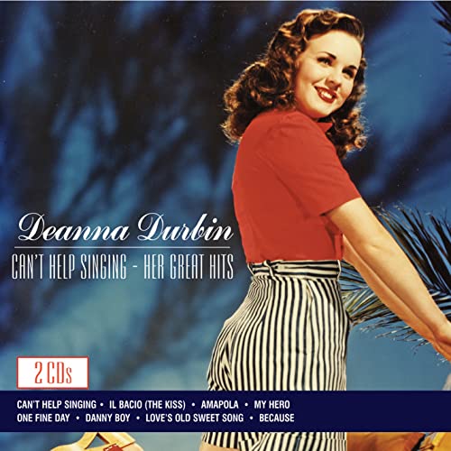 Deanna Durbin album cover, smiling woman in red top and striped skirt.