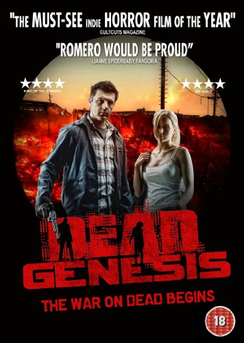 A man and woman stand before a burning landscape on the Dead Genesis DVD cover.