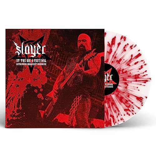 Slayer album cover and clear/red splatter vinyl record.