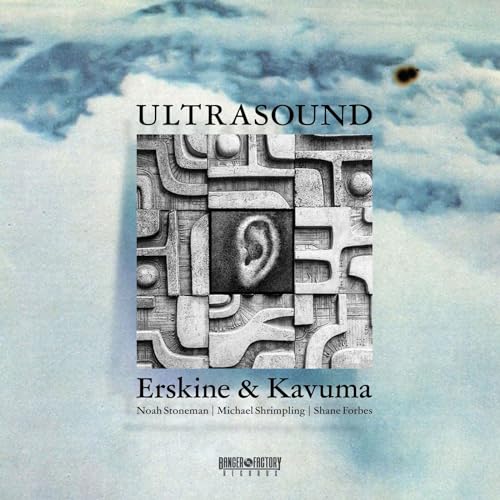 Album cover featuring a central ear icon against abstract geometric patterns on cloudy background.