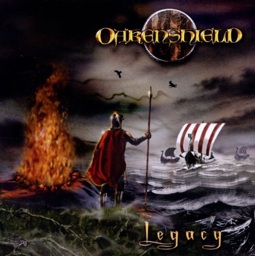CD cover: Viking warrior with spear, ships, bonfire, and stormy sea.
