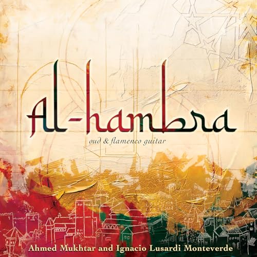 CD cover for āAl-hambraā featuring Arabic calligraphy and building sketch.