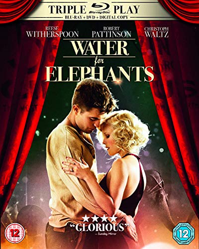 Water for Elephants" Blu-ray cover featuring Robert Pattinson and Reese Witherspoon.