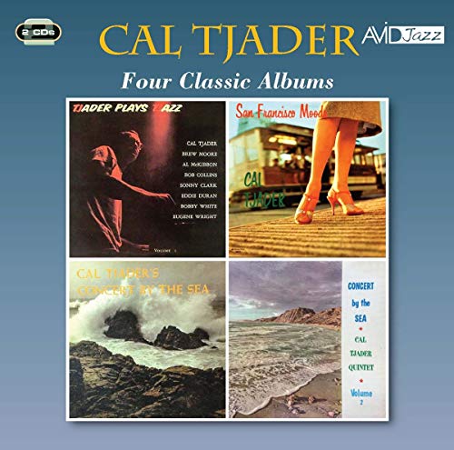 Cal Tjader four-album CD cover featuring musicians and coastal scenes.