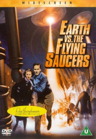 DVD cover for "Earth Vs. The Flying Saucers" featuring a couple and UFOs.
