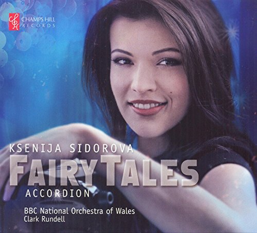 CD cover featuring Ksenija Sidorova, an accordionist, with blue background.