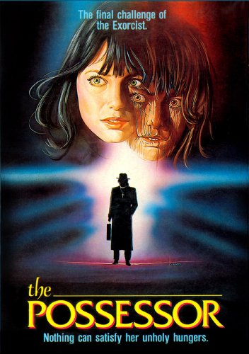 Movie poster for "The Possessor" featuring a woman's dual portrait and a priest.
