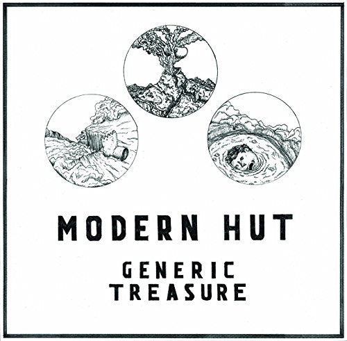 Black and white album cover with sketched landscapes and text "Modern Hut, Generic Treasure".