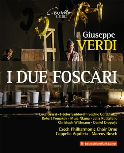 Blu-ray cover for Verdi’s opera “I Due Foscari” with stage imagery.