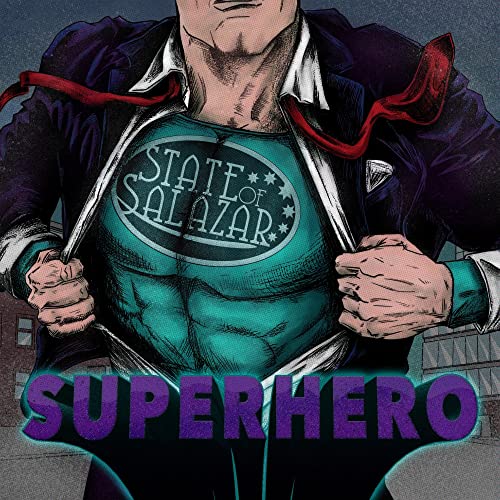 Superhero illustration of a man with a torn shirt revealing a logo.