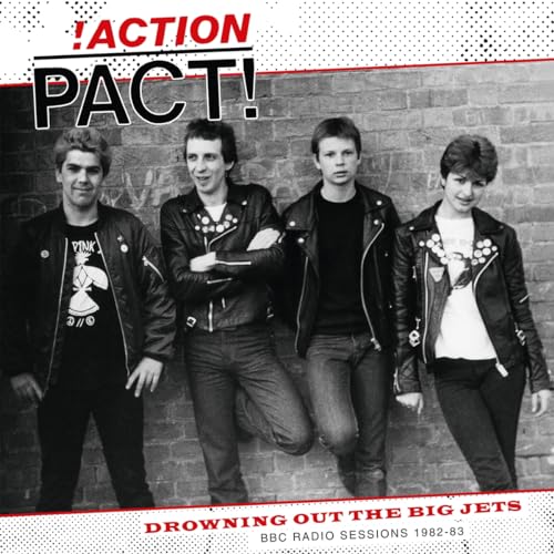 Black and white photo of four people in leather jackets, album cover.