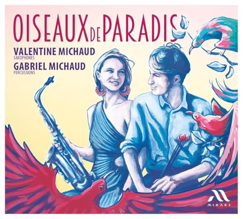 CD cover featuring musicians, birds of paradise, and a saxophone illustration.
