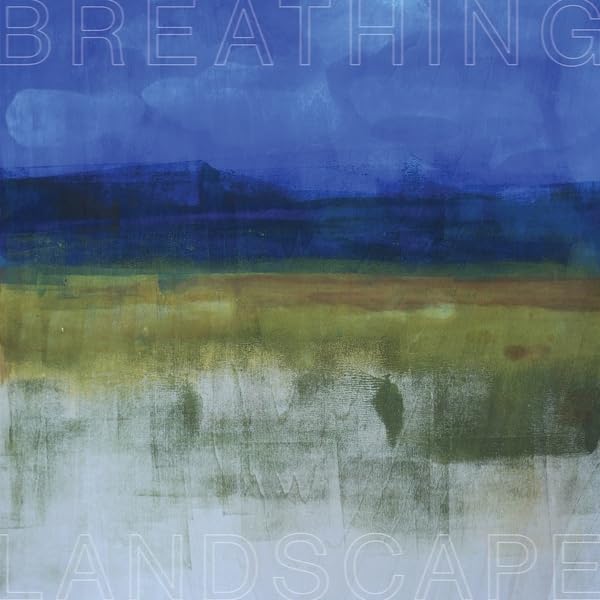 Abstract landscape painting in shades of blue, green, and gold.