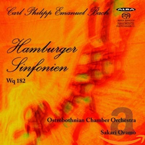 CD cover for CPE Bach’s Hamburg Symphonies, featuring abstract orange artwork.