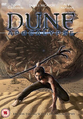 Dune Apocalypse" DVD cover featuring a man and giant sandworm in a desert.