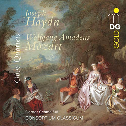 CD cover featuring 18th-century figures in a landscape, Haydn & Mozart composers.