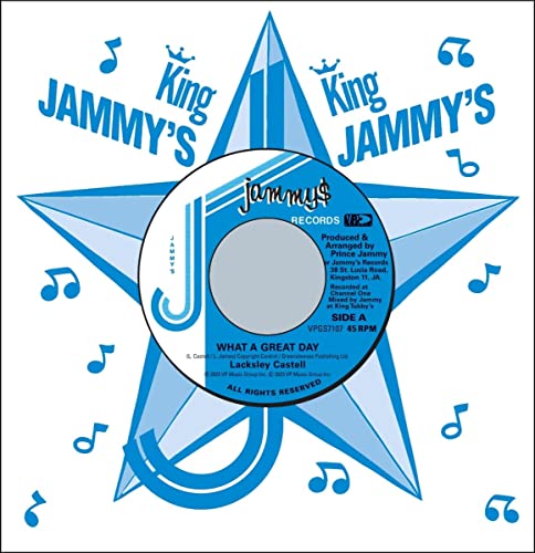 Blue star-shaped vinyl record label with text and musical notes.