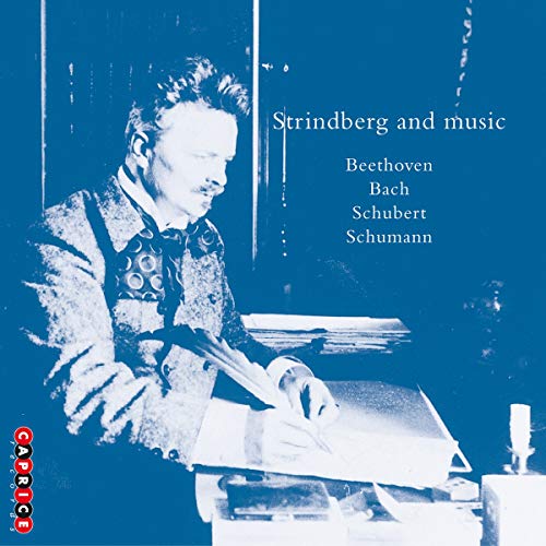CD cover featuring August Strindberg at a piano, blue background.