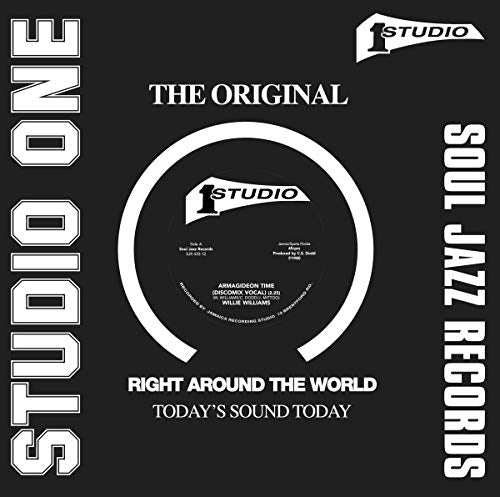 Black vinyl record label with white text and a central circular design.