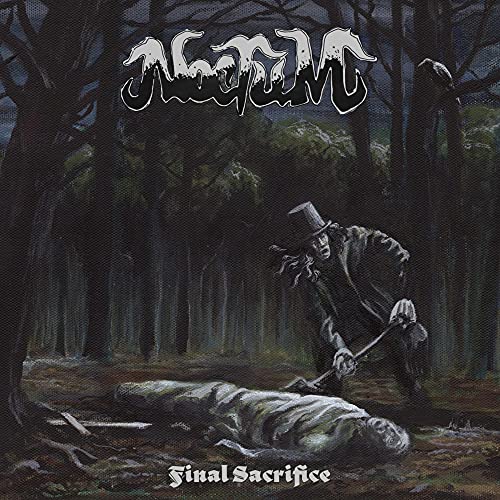 Dark album cover depicting a figure standing over a body in a forest.