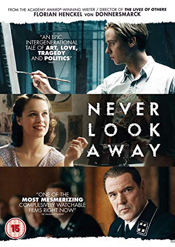 DVD cover for “Never Look Away” featuring three character portraits.