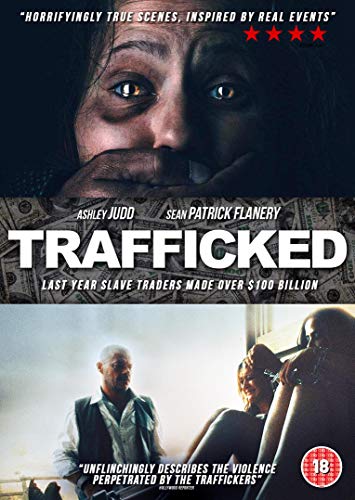 Trafficked" DVD cover featuring distressed faces and money, rated 18.