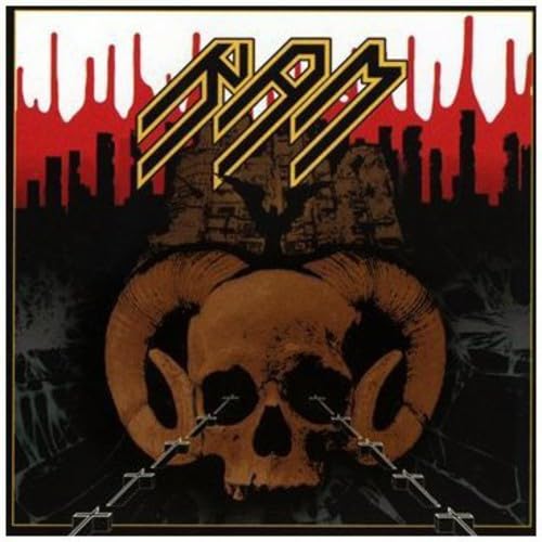 Ram “Death” CD cover: skull with ram horns, city skyline, red drips.