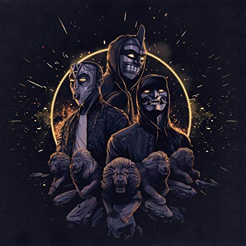 CD cover art featuring three masked figures and stone lions.