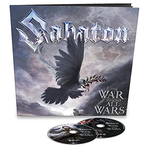 Sabaton album cover: dark sky, bird with wreath, and two CDs below.