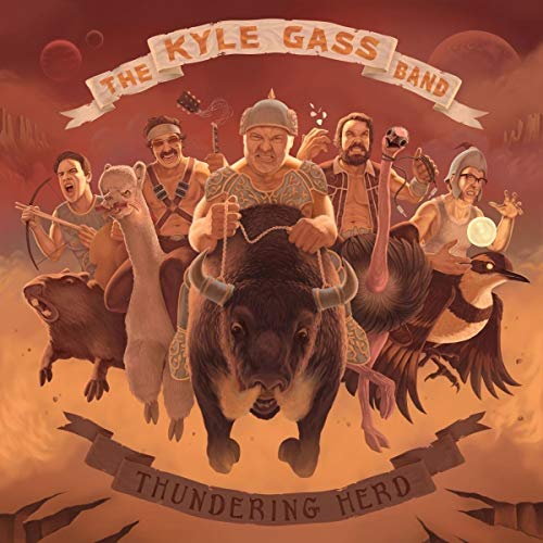 Album cover for "Thundering Herd" by The Kyle Gass Band, featuring people on animals.