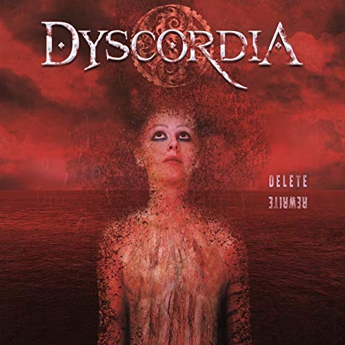 CD cover: woman’s face dissolving into red, stormy water and particles.