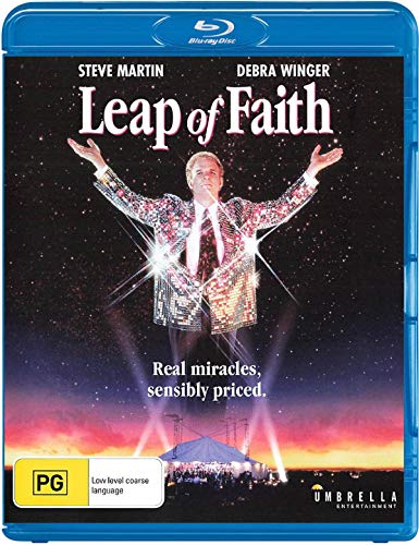 Leap of Faith" Blu-ray cover featuring Steve Martin in a sparkly suit.